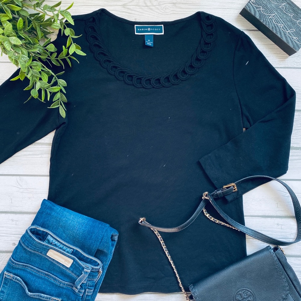 Karen Scott Black Long Sleeve Scoop Cotton Tee